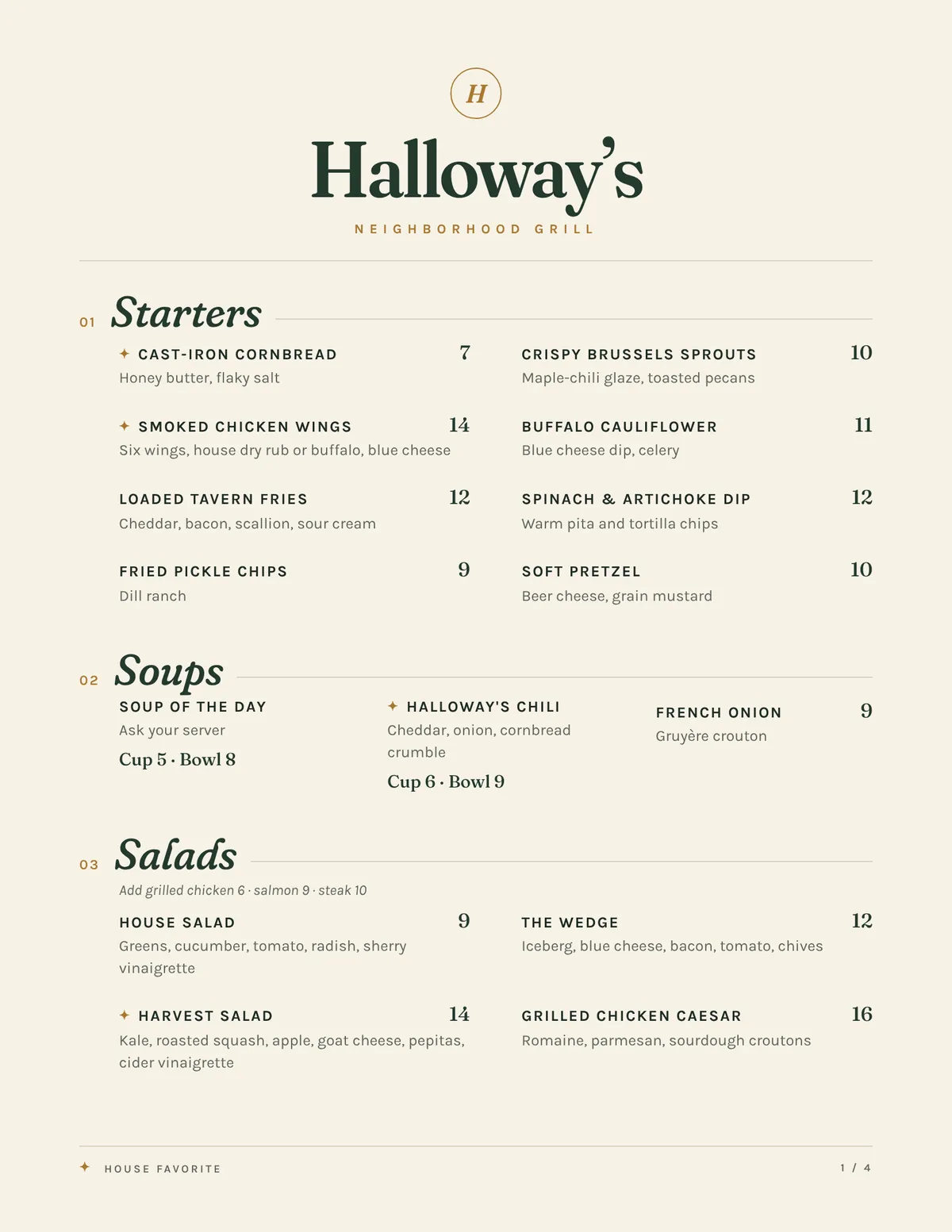After: the redesigned Halloway’s menu, page one of four.