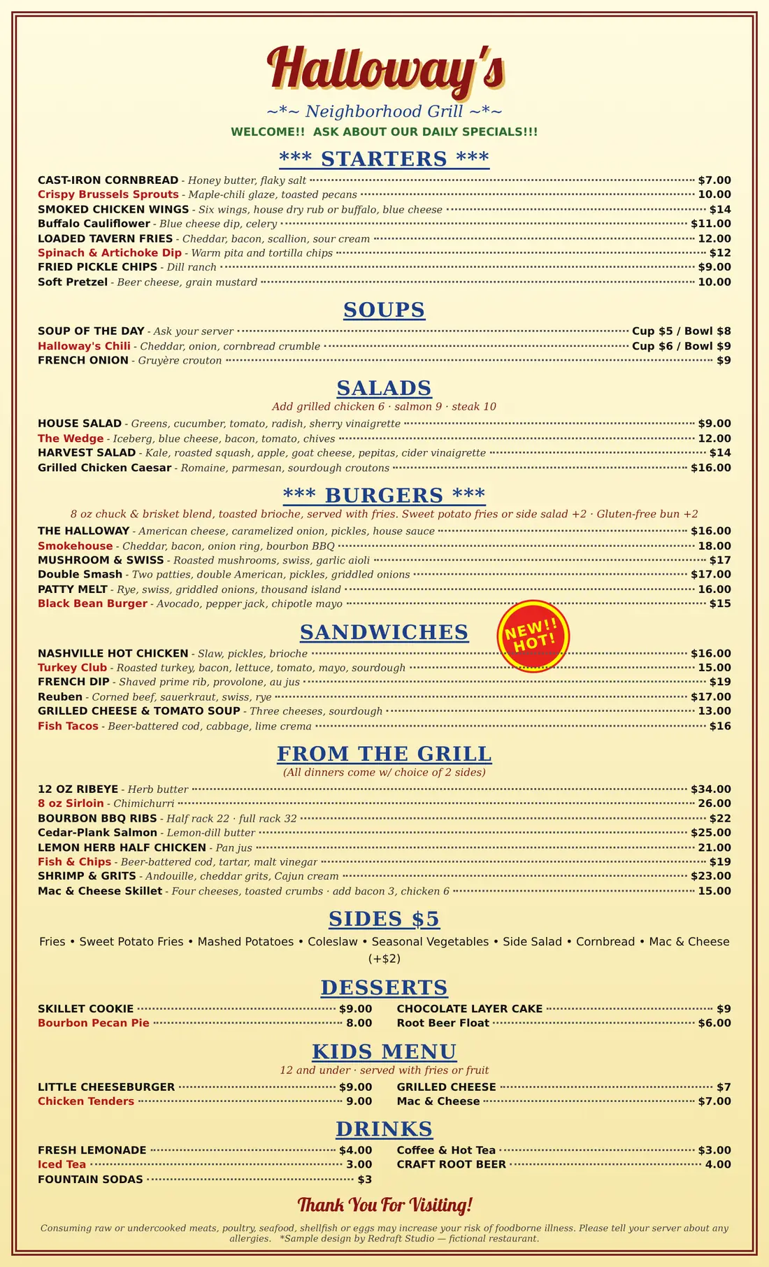 Before: a crowded one-page menu with mixed fonts, colors and price formats.